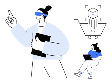 VR kulaklık kullanan insanlar, küp ikonlu alışveriş arabası, dizüstü bilgisayarı olan insanlar. Teknoloji, sanal gerçeklik, çevrimiçi alışveriş, yenilik, e-ticaret, evden çalışma ve uzaktan öğrenme temaları için ideal