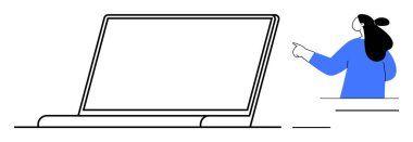 Dizüstü bilgisayara doğru hareket eden bir kadın sunum ya da çevrimiçi öğrenme öneriyor. Sanal öğrenme, uzaktan çalışma, çevrimiçi sunumlar, dijital iletişim ve teknoloji eğitimi için ideal