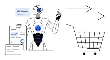 Robot veri tabloları tutuyor ve yapay zeka ve online alışverişi temsil eden bir alışveriş arabasını işaret ediyor. Teknoloji, pazarlama ve veri analizi için ideal