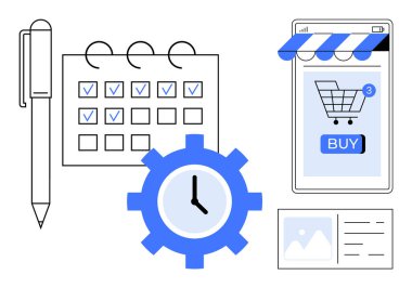 Takvimin yanındaki kalem, işaretli kutular, saat teçhizatı, mobil alışveriş arabası, ve kısa mesajlı küçük resim. İş için ideal, planlama, zaman yönetimi, çevrimiçi alışveriş, vektör içindeki organizasyon