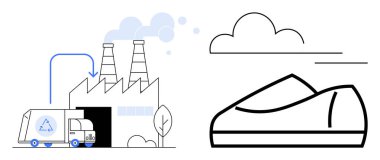 Fabrikada, en az emisyon ve basit ayakkabı tasarımı örneklerini salan duman yığınlarıyla birlikte geri dönüşüm kamyonu malzemeleri boşaltıyor. Sürdürülebilirlik, çevre dostu üretim ve geri dönüşüm için ideal