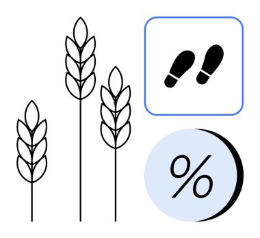 Buğday sapları, ayak izleri ve siyah çizgilerdeki yüzde sembollerinin yanında. Tarım, analitik, çevresel etki, tarım, veri analizi, eğitim, sürdürülebilirlik temaları için idealdir. Satır metaforu