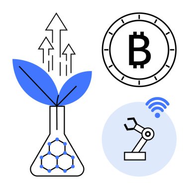 Growing plant in beaker with expanding arrows, Bitcoin symbol inside a clock outline, and robotic arm with wireless signal. Ideal for finance, technology, blockchain, biotech, growth, automation clipart