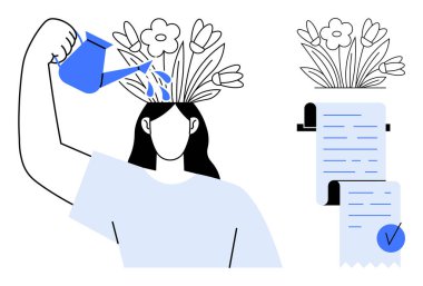 Bir kadın çiçek yetiştirmek için kafasına su döküyor, büyümeyi ve fikirleri beslemeyi simgeliyor. Başka bir bölüm de kontrol işaretli bir belge kontrol listesi gösterir. Kişisel gelişim ve verimlilik için ideal