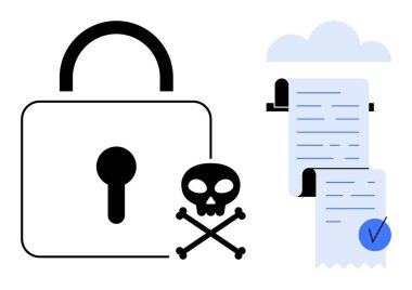 Bir asma kilit ve kafatası sembolü onaylanmış işaretli bir belgenin yanında güvenlik ve tehdit ve uyarı olduğunu gösteriyor. Siber saldırılar için ideal, çevrimiçi güvenlik, veri koruması, güvenli belgeler