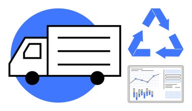 Mavi bir geri dönüşüm sembolü ve grafik ve grafikleri gösteren veri analizi paneli olan bir teslimat kamyonu çizimi. Çevre dostu lojistik, geri dönüşüm ve ulaşım analizleri için ideal
