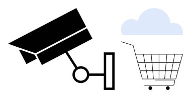Siyah bir güvenlik kamerası ikonu üzerinde mavi bir bulut olan bir alışveriş arabası ikonuyla karşı karşıya. Çevrimiçi alışveriş güvenliği, bulut teknolojisi, perakende izleme, siber güvenlik, e-ticaret yenilikleri için ideal