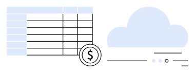 Sıraları ve sütunları olan mali tablolar, bulut depolama ikonu ve dolar işareti. Bütçeleme, finans izleme, bulut hesaplama, mali planlama, veri depolama, iş analizleri için ideal