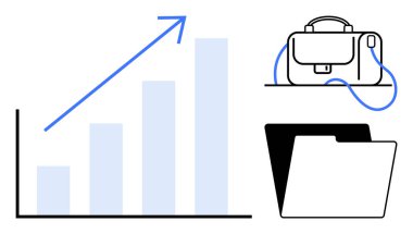 Yukarı doğru ok, evrak çantası ve klasörlü bar çizelgesi. Ticari büyüme, başarı, profesyonel kalkınma, kurumsal planlama, verimlilik, veri analizi ve ofis temaları için idealdir. Satır metaforu