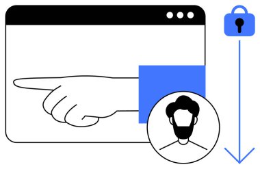 Tarayıcı penceresinin solunu gösteren bir el. Aşağıda bir kullanıcı profili simgesi ve güvenli bir kilit simgesine giden mavi bir ok var. Web tasarımı, kullanıcı arayüzleri ve navigasyon için ideal