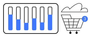 Görsel çubuk grafiklerinin yanında 3 tebligat olan alışveriş arabası ilerleme gösteriyor. E-ticaret, pazarlama analizi, perakende satış, çevrimiçi alışveriş, iş performansı, veri takibi için ideal