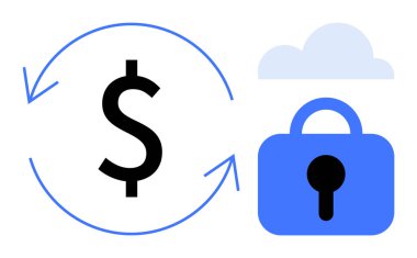 Arkaplanda bulut olan mavi asma kilidin yanında dairesel oklarla çevrili siyah dolar işareti. Finansal güvenlik, bulut depolama, güvenli işlemler, veri koruması için ideal, çevrimiçi