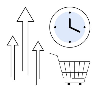 Yukarı bakan üç ok, bir saat ve bir alışveriş arabası taslağı büyümeyi, verimliliği, dakikliği ve tüketiciliği temsil ediyor. İş eğilimleri, üretkenlik, çevrimiçi alışveriş, zaman yönetimi ve pazar için ideal