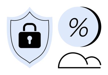 İçerideki asma kilit, daire ve bulut siluetinin yanı sıra güvenliği de sembolize ediyor. Siber güvenlik, finans, bulut hesaplama, veri koruması, çevrimiçi güvenlik, şifreleme için ideal
