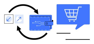 Devre desenli dijital cüzdan ve ok simgeleri bir konuşma baloncuğunun içinde alışveriş arabası olduğunu gösteriyor. Finans, e-ticaret, ödeme işlemleri, dijital cüzdanlar için ideal
