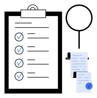 Beş öğe ve mavi işaretli büyük bir kontrol listesi, sağda büyüteç ve bir tanesinin altında iki makbuz var. Görev yönetimi, organizasyon, verimlilik, finans ve muhasebe için ideal. Basit.