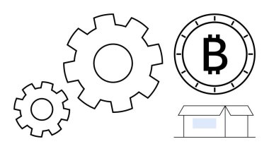 Çarklar ve Bitcoin paraları bir evin yanındaki kripto para madenciliğini simgeliyor. Engelleme zinciri, finansal teknoloji, mekanik sistemler, yenilik, dijital para birimi, ev otomasyonu, mühendislik için ideal