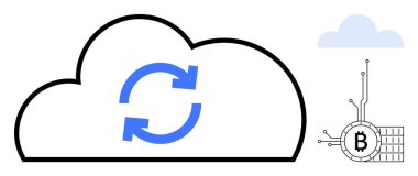 Senkronize oklu siyah ve mavi bulut ve devrelerle bağlantılı bitcoin sembolü. Teknoloji için ideal, dijital para birimi, engelleme zinciri, bulut hesaplama, finansal işlemler. Basit vektör sanatı