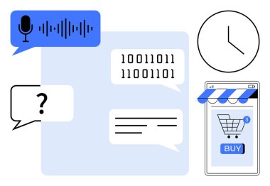 Mikrofon simgesi, ikili kod, saat, soru işareti ve mobil ekrandaki alışveriş arabası gibi çeşitli unsurlar. İletişim, teknoloji, kodlama, e-ticaret, zaman yönetimi için ideal