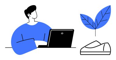 Dizüstü bilgisayarda çalışan serbest çalışan, büyümeyi sembolize eden bir bitki, yaprak motifi ve ayakkabılar. Uzak çalışma, sürdürülebilirlik, kişisel gelişim, teknoloji evlat edinme, yaratıcı endüstriler, iş büyümesi için ideal