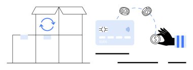 Kutular geri dönüşüm simgeleriyle, kredi kartıyla, el sikkeleriyle gönderiliyor. E-ticaret, nakliye, lojistik, ödeme işlemleri, çevrimiçi işlemler, çevre dostu ambalaj, iş için ideal