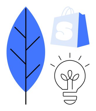 Mavi bir yaprak, içinde bitki olan bir ampul ve bir alışveriş çantası. Çevre dostu yaşam, sürdürülebilirlik, alışveriş, çevresel farkındalık ve yeşil enerji için ideal. Basit modern biçim
