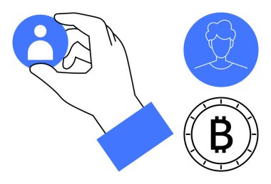 Bir kullanıcı profili ve Bitcoin sembolü de dahil olmak üzere diğer simgeler arasından mavi kullanıcı simgesi seçiliyor. Teknoloji, dijital kimlik, sosyal medya, kripto para birimi, kullanıcı seçimi, finans, engelleme zinciri için ideal