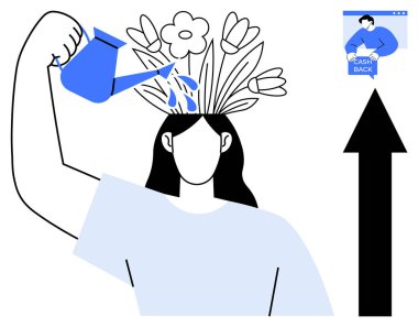 Başındaki çiçekleri sulandıran kadın büyüme yaratıcılığını ve kendini geliştirme oklarını simgeliyor, olumlu gelişmeyi simgeliyor, nakit para çekme işareti ise ödülleri veya faydaları öneriyor