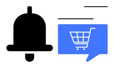 İçinde alışveriş arabası ikonu olan mavi konuşma balonunun yanında siyah uyarı zili. E-ticaret, bildirimler, satış uyarıları, çevrimiçi alışveriş, dijital pazarlama, promosyonlar ve uygulama tasarımı için ideal