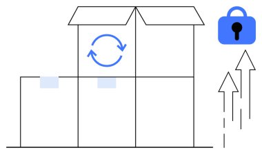 Kilit simgesi ve yukarı doğru oklarla işaretlenmiş geri dönüşüm sembollü bir kutu. Ambalaj temaları, geri dönüşüm kavramları, çevre dostu mesajlar, güvenli nakliye ve ürün büyümesi için ideal
