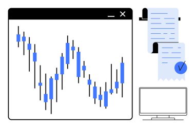 Bir bilgisayar penceresinde, üzerinde kontrol işareti ve bilgisayar olan bir belgenin yanında şamdan şeması. Mali veri analizi, ticaret, ekonomik raporlar, borsa araştırmaları ve dijital finans için ideal