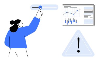 İş kadını sürgülü tuşa işaret ediyor, veri analizi grafikler ve çizelgeler ile görüntülüyor, ve ünlem uyarı sembolü. İş sunumları için ideal, veri analizi, ayarlar ayarlama, kullanıcı