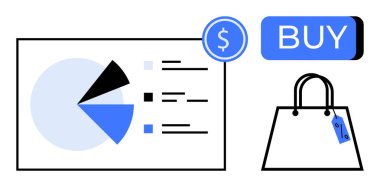 Veri tablosu, dolar işareti, satın alma düğmesi ve fiyat etiketli alışveriş çantası. Pazarlama, e-ticaret, perakende analitik, çevrimiçi alışveriş eğilimleri, müşteri davranışı, satış stratejisi için ideal