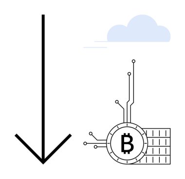 Üstünde bulut olan Bitcoin sembolünün yanında aşağı doğru büyük bir ok. Kripto para biriminin düşüşünü temsil ediyor. Engelleme zinciri, finans, piyasa eğilimleri, ekonomi ve yatırım temaları için ideal. Düz vektör biçimi