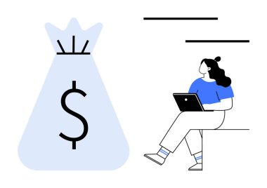 Dizüstü bilgisayarının yanında oturan kadın büyük para çantasının yanında mali başarıyı simgeliyor. Finansal planlama, girişimcilik, tasarruf stratejileri, yatırım tavsiyeleri, finansal okur yazarlık, çevrimiçi