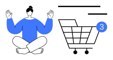 Bir alışveriş arabasının yanında meditasyon yapan ve 3 maddeyi gösteren bir tebligat olan kişi. Zihinsel sağlık, e-ticaret, çoklu görev, modern yaşam dengesi, çevrimiçi alışveriş, dijital ortamda sükunet için ideal