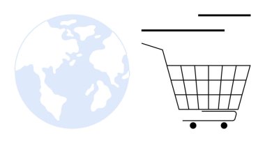 Dünya haritasının yanında alışveriş arabası. Küresel ticaret, e-ticaret, çevrimiçi alışveriş, uluslararası pazarlar ve dijital ekonomi konuları için idealdir. Basit minimalist stil