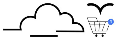 Aerodinamik çizgili bulut simgesi, 3 numaralı bildiri rozetli alışveriş arabası, kuş silueti. E-ticaret, bulut hizmetleri, tebligatlar, online alışveriş, basitlik, modern