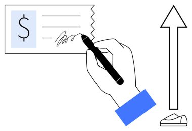 Kalemle çek imzalamak, çekte dolar işareti, yukarı ok, ayakkabı ikonu. Finans, bankacılık, iş büyümesi, yatırımlar, tasarruflar, kişisel finans, ekonomik başarı için idealdir. Çizgi