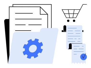İfadeler, teçhizatlı bir dosya, makbuzlu bir alışveriş arabası. Dijital belgeler, e-ticaret, çevrimiçi alışverişler, iş süreçleri ve organizasyonel araçlar için ideal. Basit düz biçim