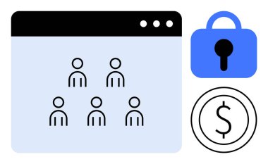 Kullanıcı simgeleri, mavi asma kilit simgesi ve dolar işareti simgesi olan bir web sitesinin minimalist tasarımı. Takım yönetimi için ideal, çevrimiçi güvenlik, mali işlemler, dijital platformlar, web arayüzü