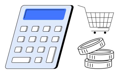 Mavi ekranlı bir hesap makinesi, alışveriş arabası ve bir yığın bozuk para. Bütçe, mali planlama, alışveriş, tasarruf ve finans için ideal. Basit modern biçim
