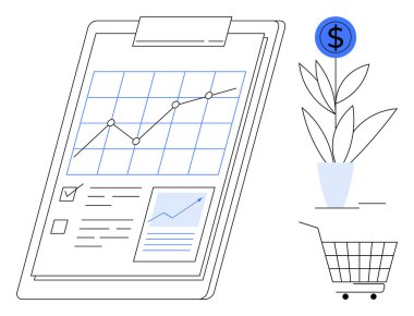 İş büyümesi raporu artan eğilim, kontrol işaretleri ve finansal sembollerle çizgi grafiğini gösteriyor. Finans, yatırım, iş büyümesi, ekonomik analiz, e-ticaret için ideal. Basit modern biçim