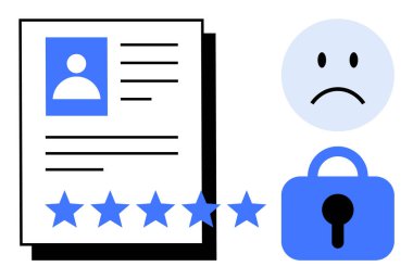 Profil resmi ve beş yıldızlı bir belge, üzgün bir yüz ve asma kilidin yanında gösteriliyor. Performans değerlendirmesi, müşteri geribildirimi, güvenlik, tatminsizlik ve bilgi temaları için ideal