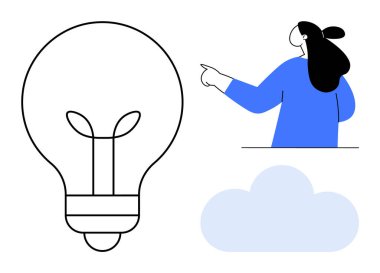 Basit bir görüntü, bir kadının işaret etmesi, büyük bir ampul ve bir bulut içerir. Yenilikçilik, yaratıcılık, sorun çözme, ilham ve teknolojik gelişmeler için ideal. Minimalist ve modern