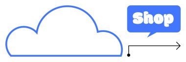 Üzerinde Shop yazan bir konuşma balonu olan mavi bir bulut ana hatları. Çevrimiçi alışveriş, bulut depolama, dijital pazarlama, e-ticaret ve modern teknoloji için ideal. Basit vektör biçimi