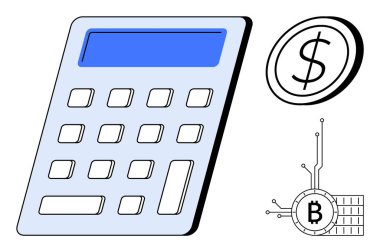 Mavi ekranlı büyük hesap makinesi, bir dolarlık bozuk para ve devreli Bitcoin sembolü. Finans, muhasebe, bütçe, kripto para, dijital işlemler için ideal. Düz, basit, temiz biçim