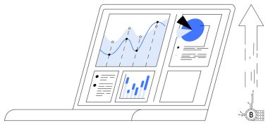 Finansal büyümeyi ve Bitcoin sembolünü sembolize eden yükselen ok ve grafikler içeren dizüstü bilgisayar görüntüsü. Veri analizi için ideal iş büyüme finansal planlama çevrimiçi ticaret