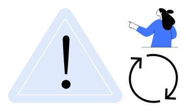 Large warning sign with exclamation mark on left, person in blue clothing pointing to the right, refresh symbol below. Ideal for caution, instruction, update, refresh, communication. Cartoon style clipart