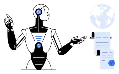 Kollarını kaldırmış bir insansı robot kontrol işareti ve küresi olan bir belgenin yanında duruyor. Teknoloji için ideal, yapay zeka yapay zeka otomasyonu, veri analizi, küresel bağlantı